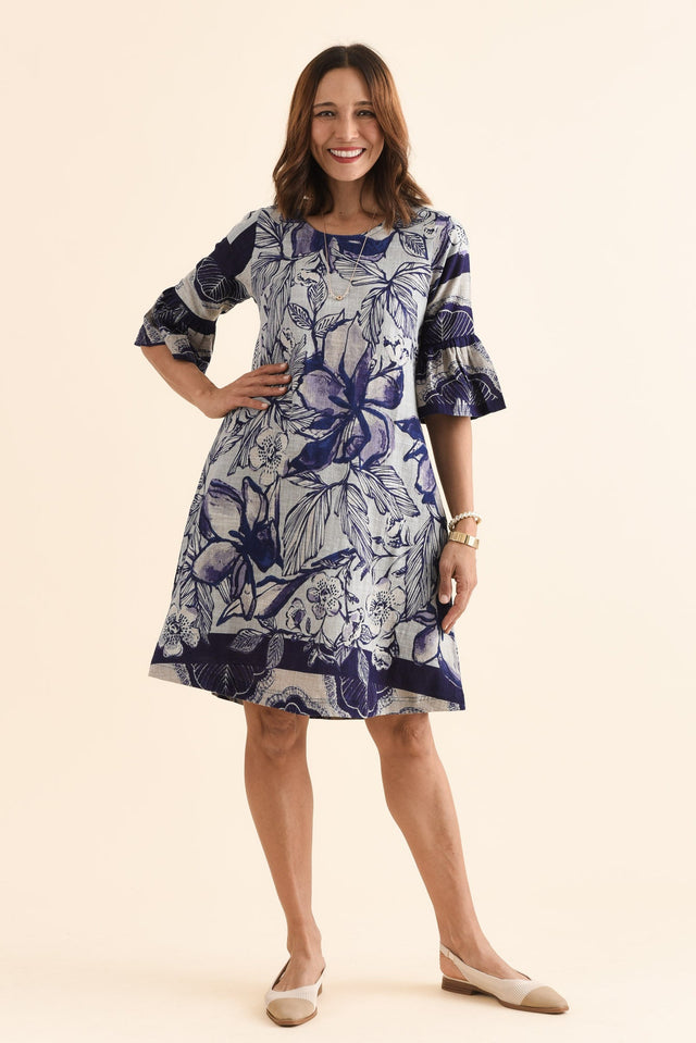 Act Blue Floral Cotton Ruffle Dress,Front,Brunette model,alt text|model:Cara