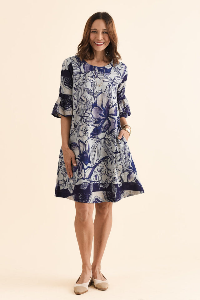 Act Blue Floral Cotton Ruffle Dress,Full Body,Brunette model,alt text|model:Cara
