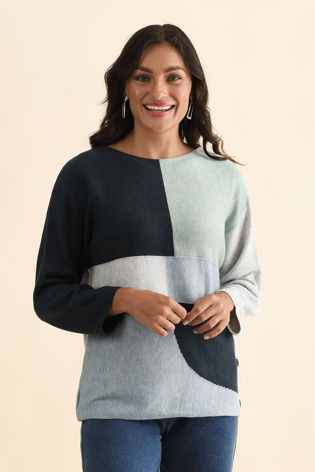 Acton Blue Splice Wool Blend Jumper,Brunette model,alt text|model:Brontie