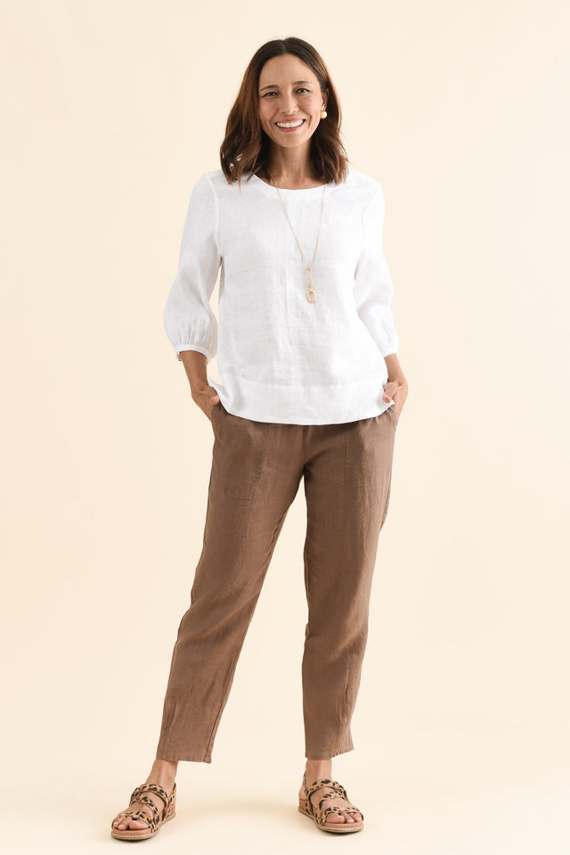 Tatum Mocha Linen Pants,Full Body,Brunette model,alt text|model:Cara image 6