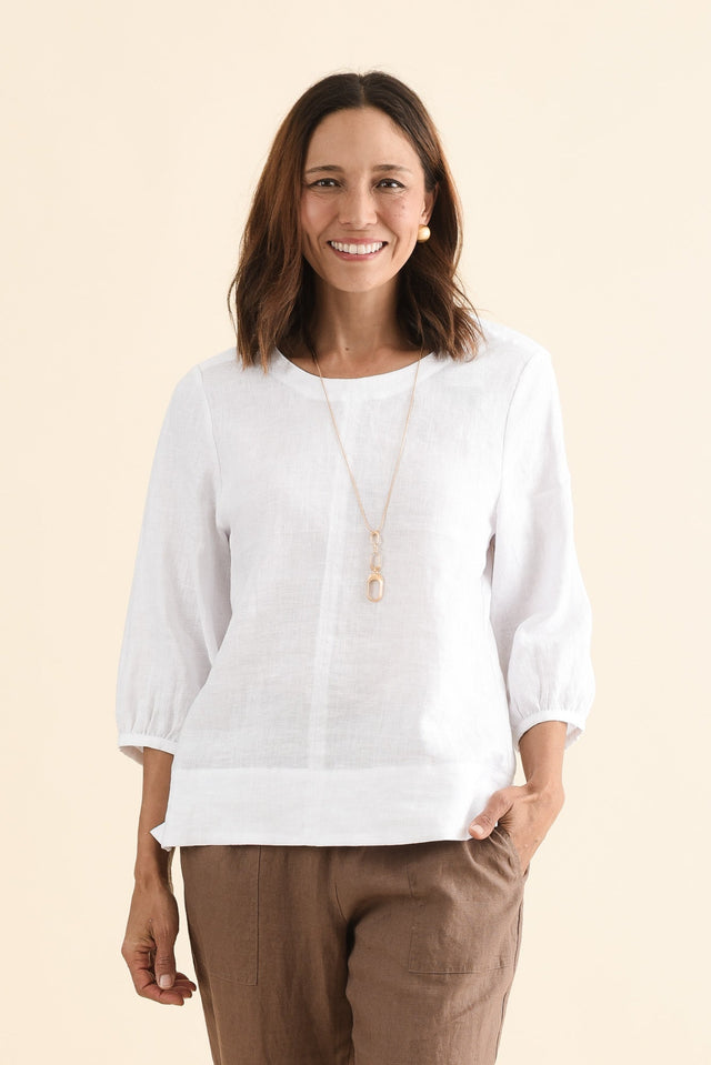 Addie White Linen Sleeved Top,Front,Brunette model,alt text|model:Cara