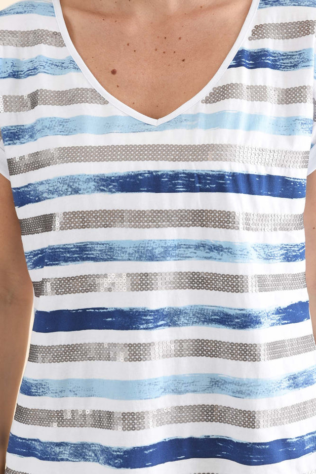 Adli Blue Stripe Cotton Sequin Tee,Detail,Brunette model,alt text|model:MJ image 5