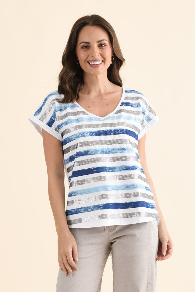Adli Blue Stripe Cotton Sequin Tee,Front,Brunette model,alt text|model:MJ image 1