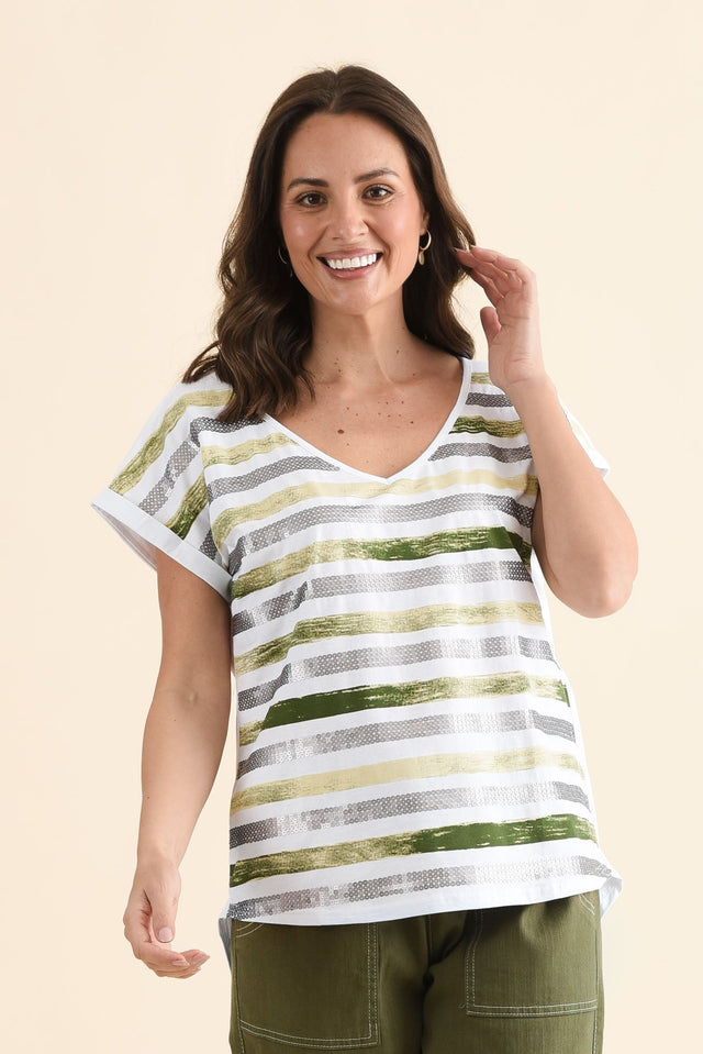 Adli Green Stripe Cotton Sequin Tee,Front,Brunette model,alt text|model:MJ