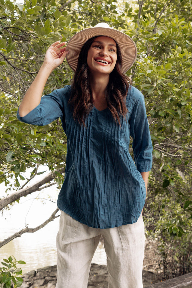 Fia Blue Sleeved Crinkle Cotton Top