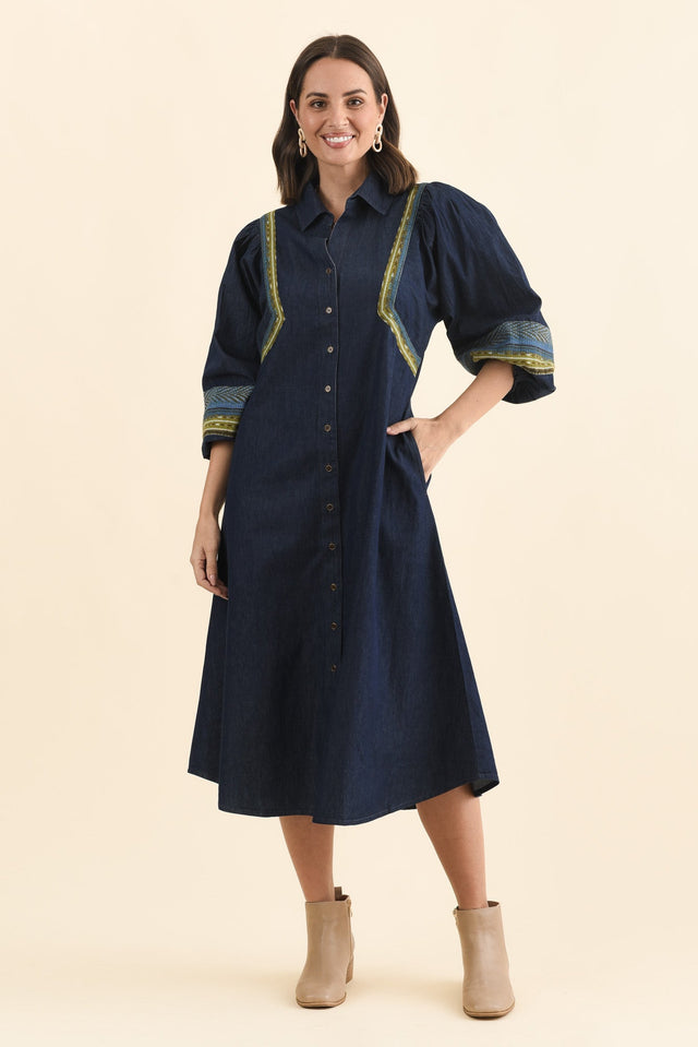Aerome Blue Denim Puff Sleeve Dress,Brunette model,alt text|model:MJ image 7
