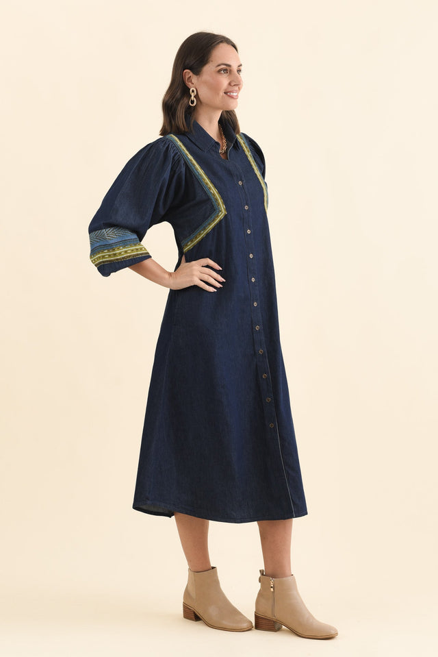 Aerome Blue Denim Puff Sleeve Dress,Brunette model,alt text|model:MJ image 4