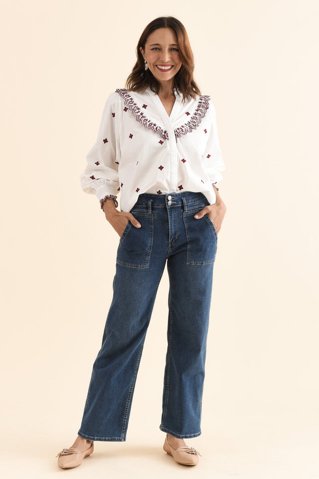 Agnes White Spot Embroidered Shirt,Full Body,Brunette model,alt text|model:Cara image 3