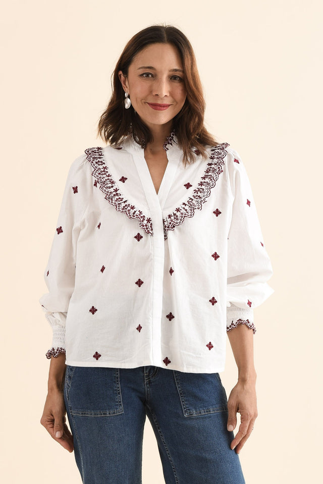 Agnes White Spot Embroidered Shirt,Front,Brunette model,alt text|model:Cara