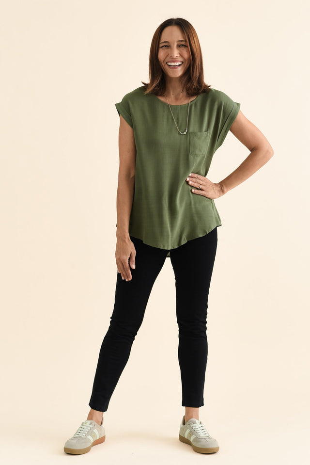 Aiden Khaki Linen Blend Pocket Top,Full Body,Brunette model,alt text|model:Cara image 7