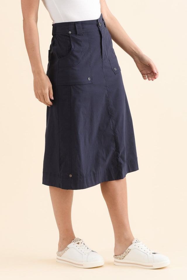 Air-Lite Blue Stretch Cargo Skirt,Side,Brunette model,alt text|model:MJ image 3