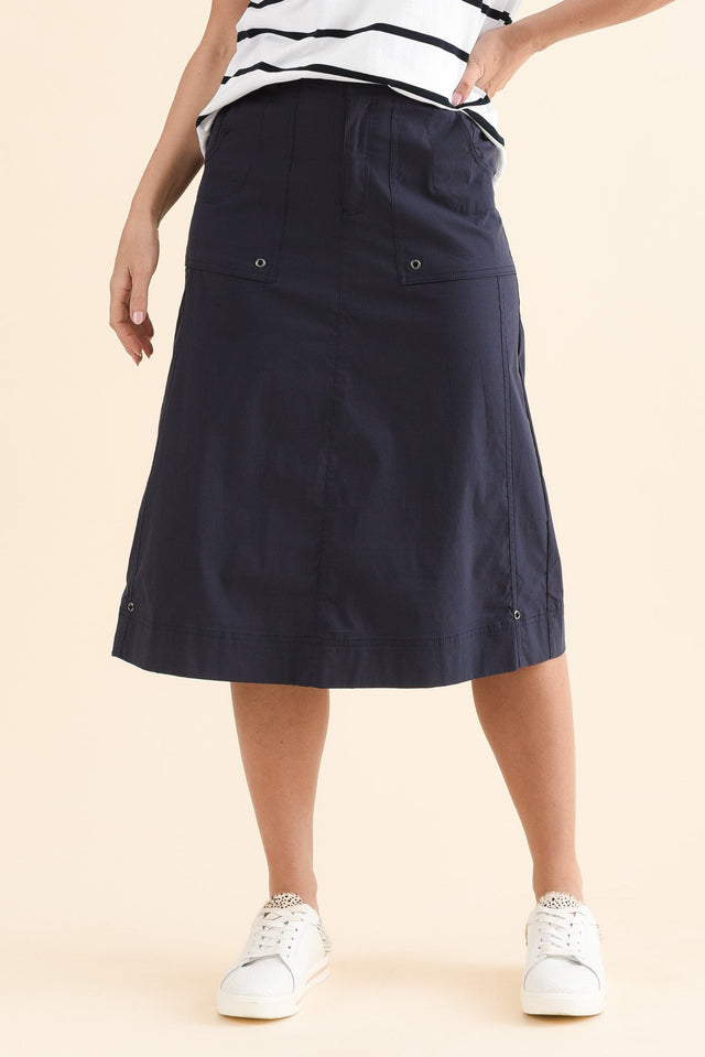 Air-Lite Blue Stretch Cargo Skirt,Front,Brunette model,alt text|model:MJ image 1