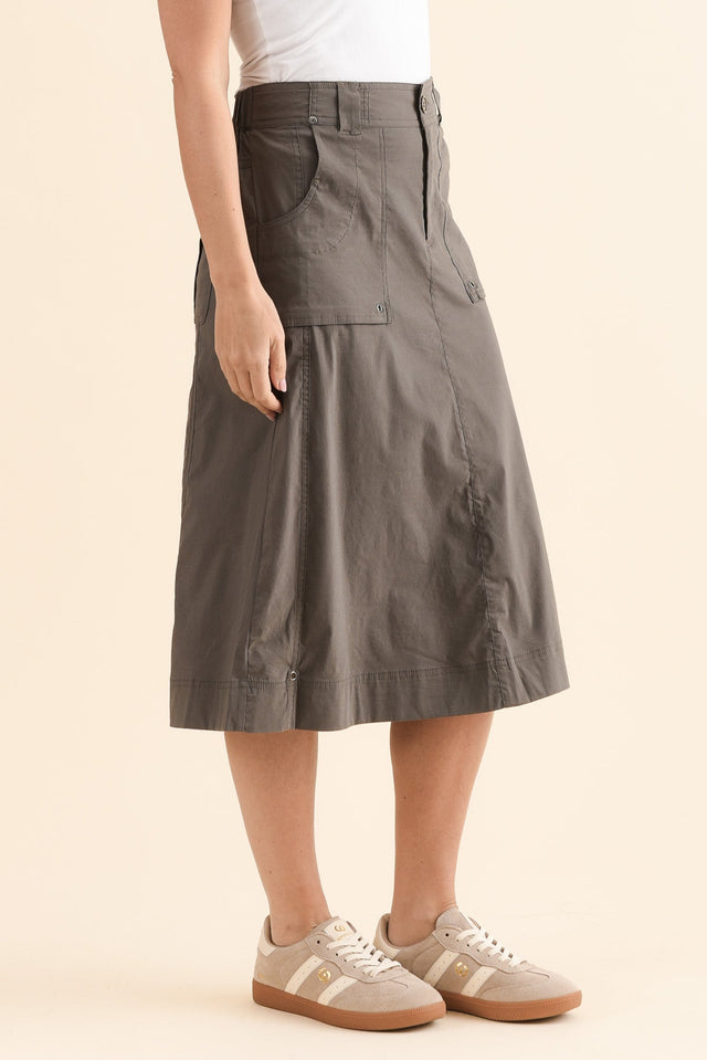 Air-Lite Olive Stretch Cargo Skirt,Side,Brunette model,alt text|model:MJ image 3
