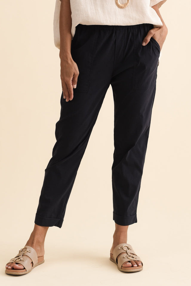 Air-Lite Navy Stretch Cropped Pants,Brunette model,alt text|model:Cara image 1