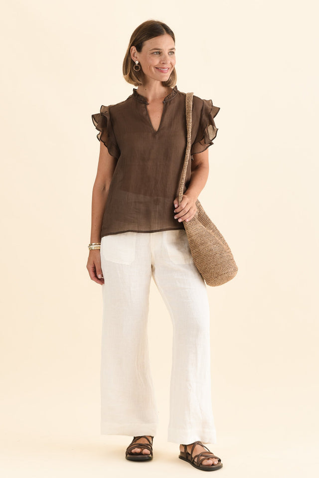 Alannah Chocolate Cotton Button Top,Full Body,Brunette model,alt text|model:Laura image 2