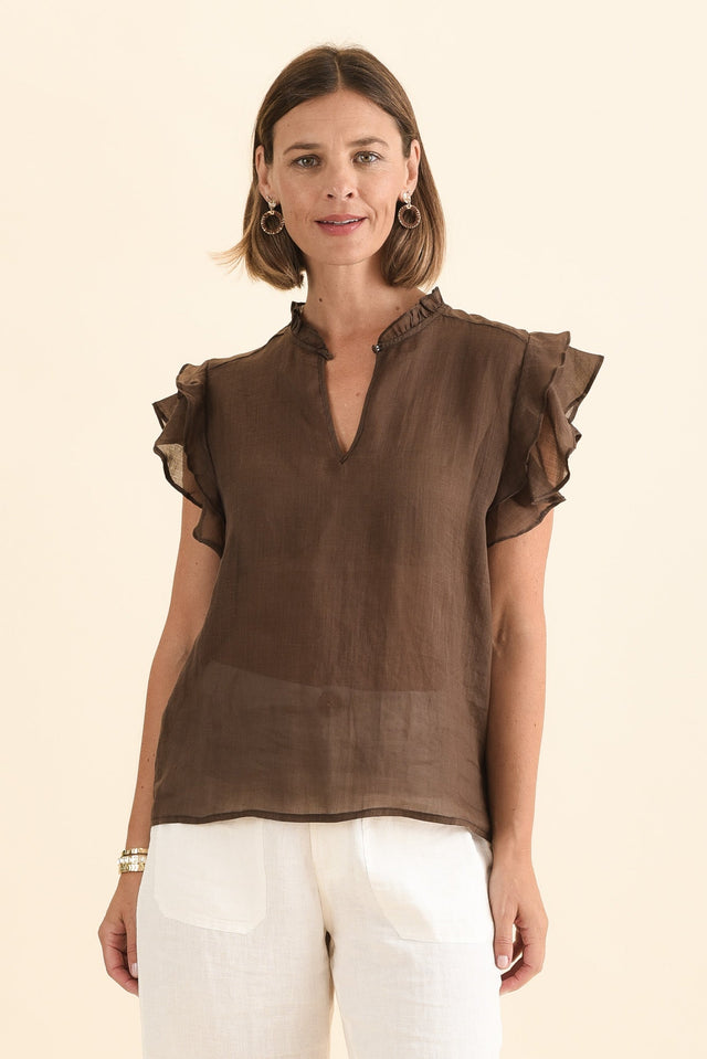 Alannah Chocolate Cotton Button Top,Front,Brunette model,alt text|model:Laura image 1