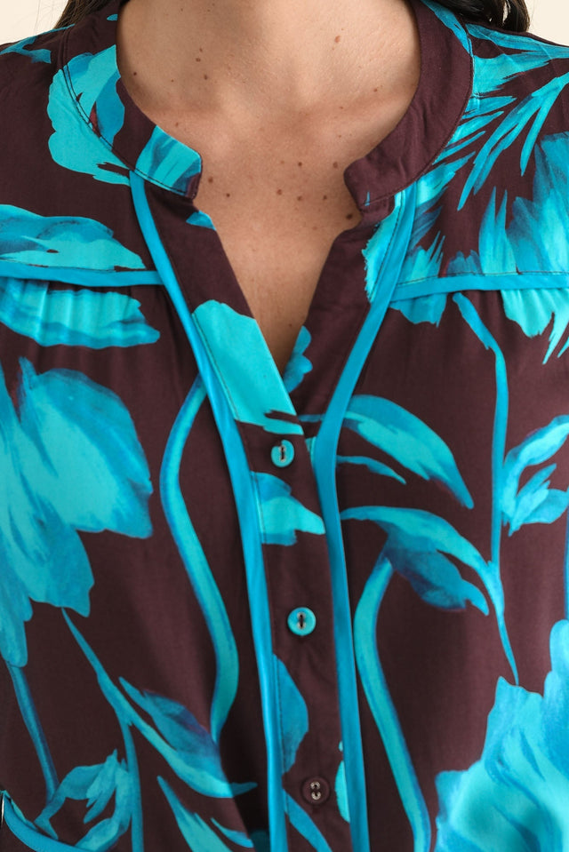 Albury Blue Floral Tie Dress,brunette model,Close up of outfit,alt text|model:MJ image 5
