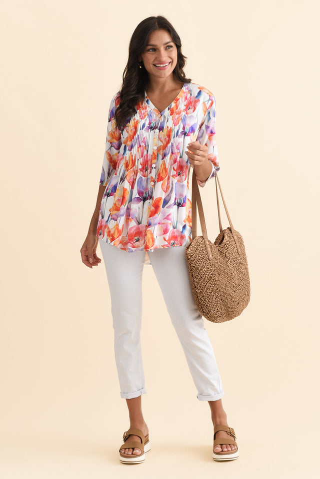 Alby Orange Flower Pleated Blouse,Brunette model,alt text|model:Brontie image 3