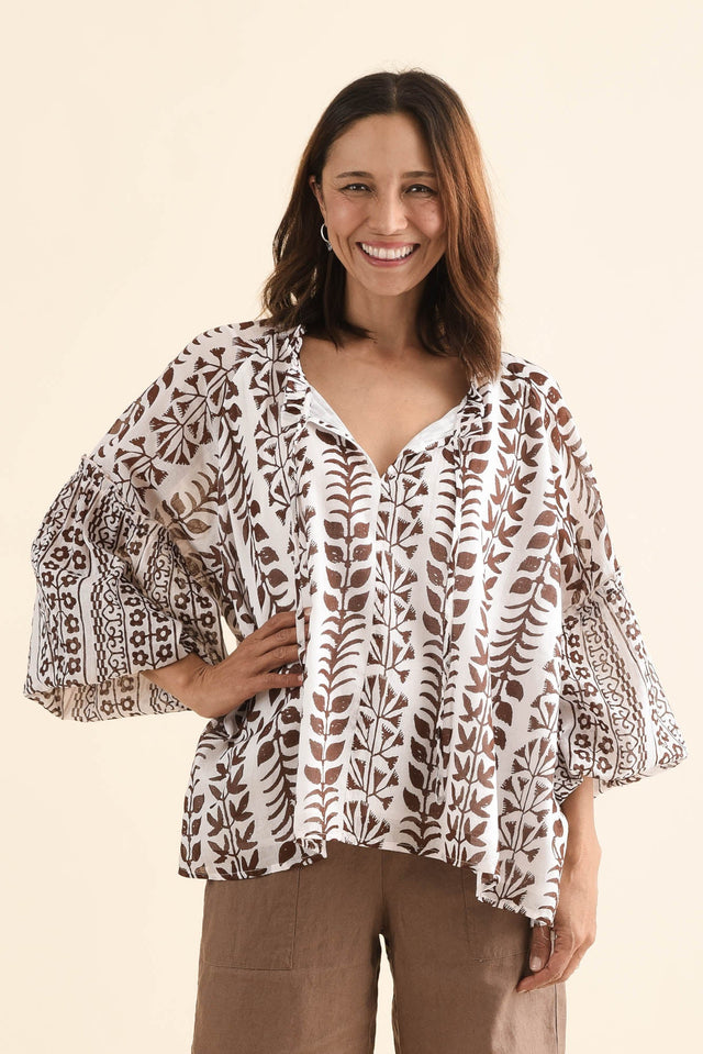 Alegria Chocolate Fern Cotton Top,Front,Brunette model,alt text|model:Cara image 1