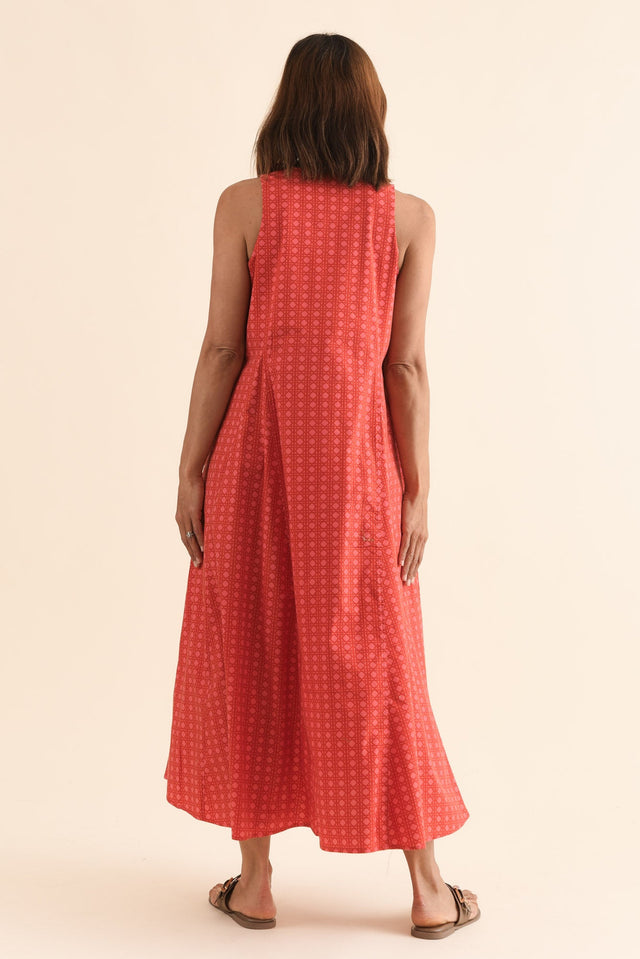 Aleta Orange Check Cotton Sleeveless Dress,Back,Brunette model,alt text|model:Cara image 4