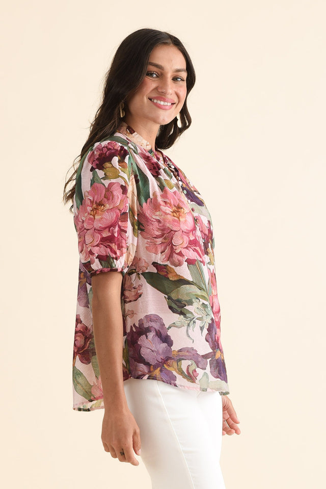 Alexandra Pink Floral Button Top,Side,Brunette model,alt text|model:Brontie image 3