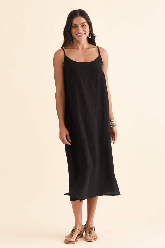 Alexia Black Linen Slip Dress,Full Body,Brunette model,alt text|model:Brontie