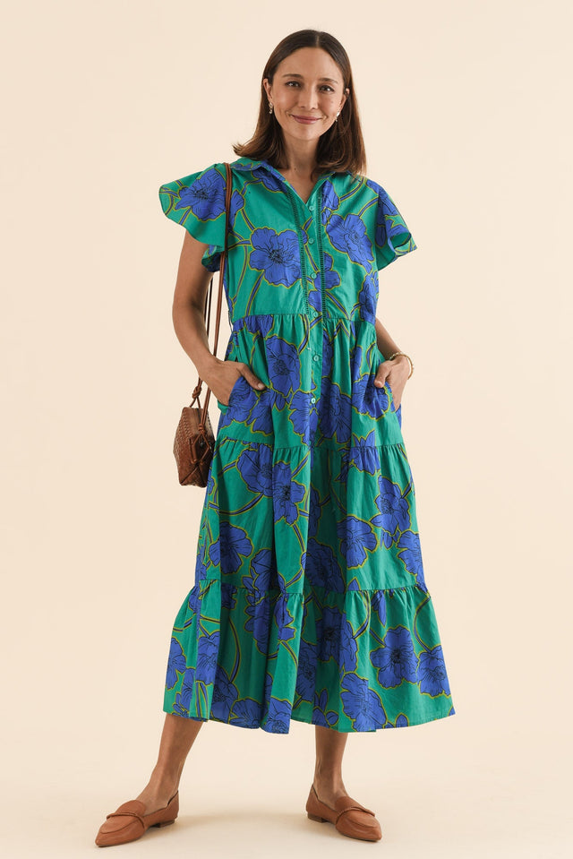 Alice Cobalt Floral Cotton Tiered Dress,Front,Brunette model,alt text|model:Cara