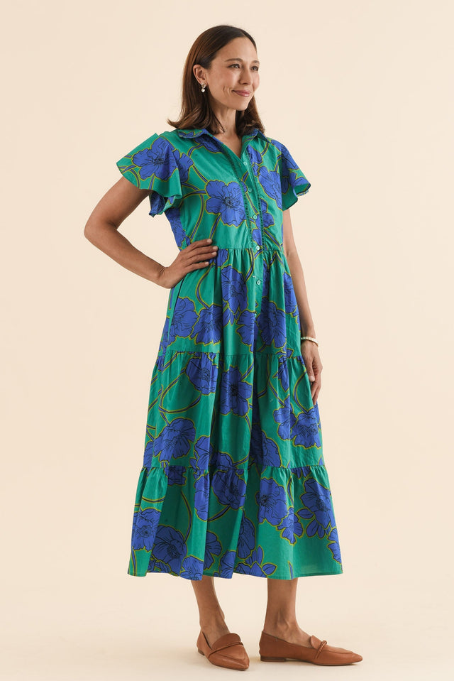 Alice Cobalt Floral Cotton Tiered Dress,Side,Brunette model,alt text|model:Cara image 3