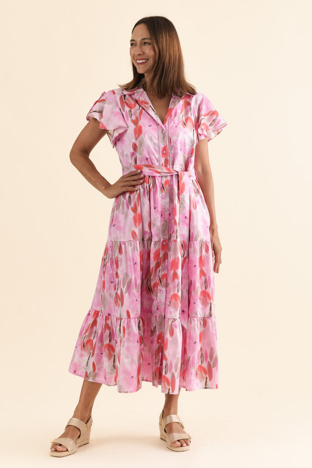 Alice Pink Floral Cotton Tiered Dress,Full Body,Brunette model,alt text|model:Cara