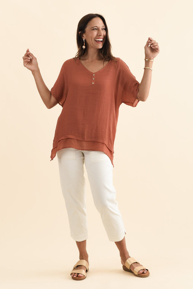 Alison Rust Layered Button Top,Brunette model,alt text|model:Cara image 3