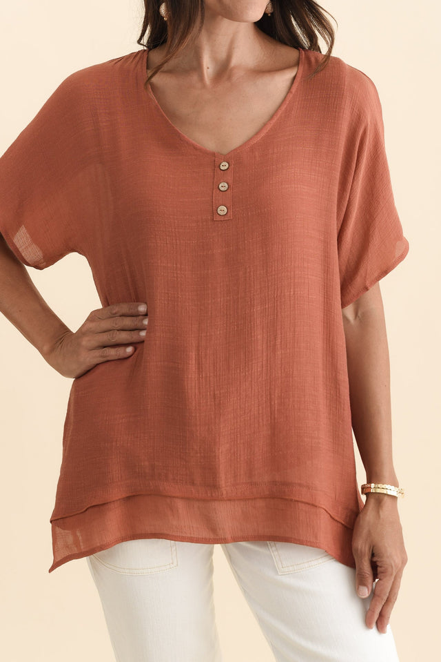 Alison Rust Layered Button Top,Brunette model,alt text|model:Cara image 6