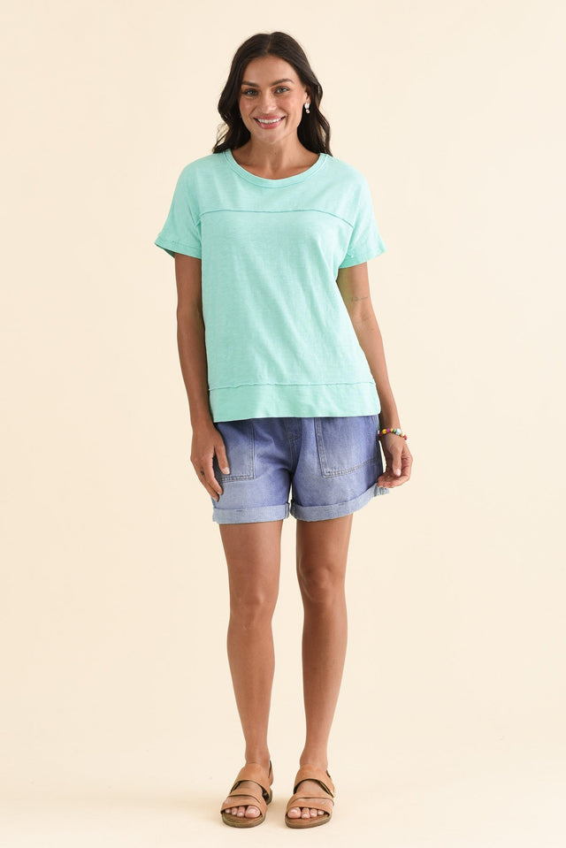 Allison Mint Cotton Tee,Full Body,Brunette model,alt text|model:Brontie
