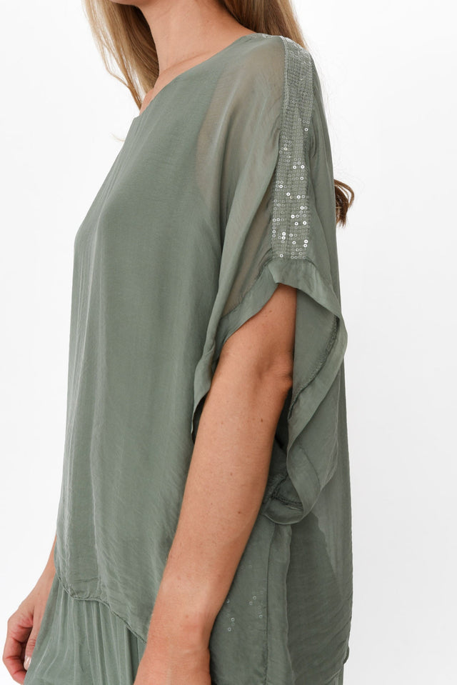 Alula Khaki Silk Sequin Layer Top image 6