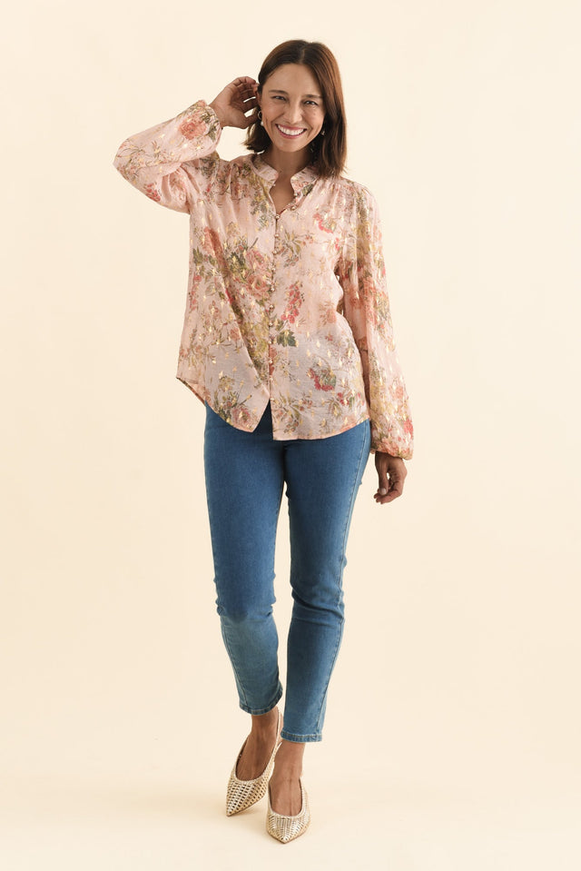 Alvarez Pink Garden Button Blouse,Brunette model,alt text|model:Cara image 8