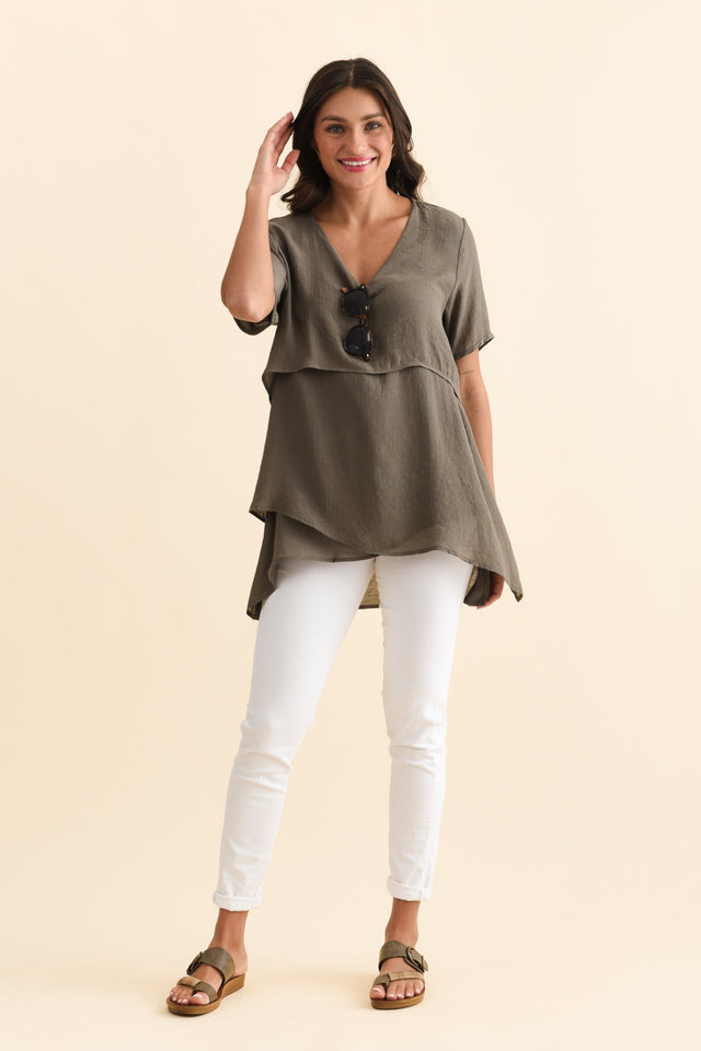 Alvina Khaki Layered Tunic Top,Brunette model,alt text|model:Brontie image 7