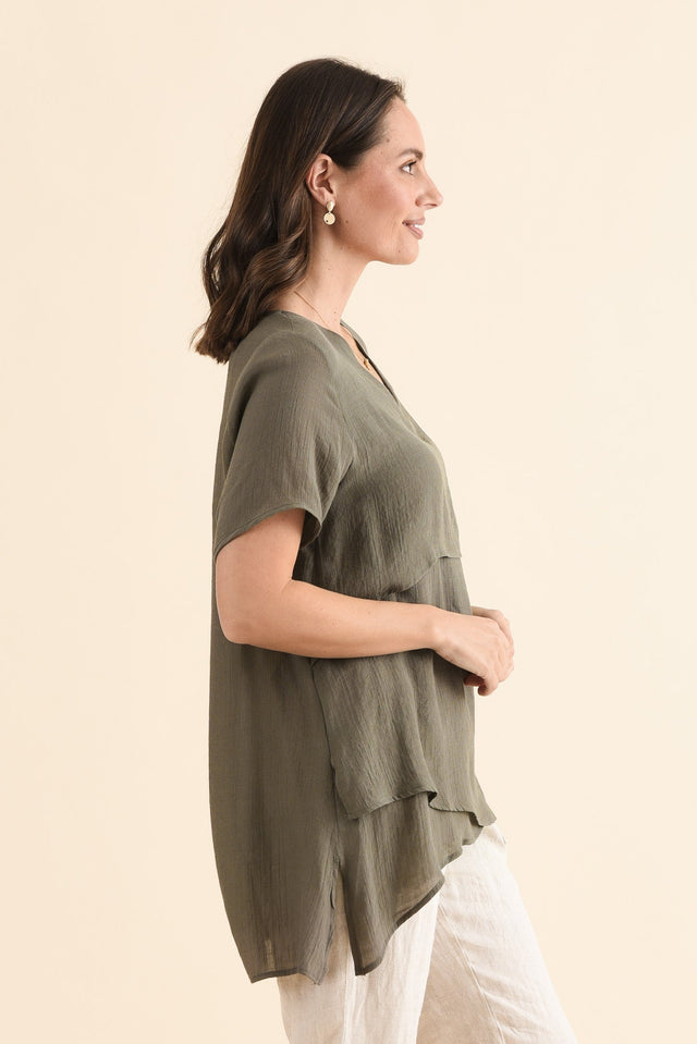 Alvina Khaki Layered Tunic Top,Back,Brunette model,alt text|model:MJ image 6