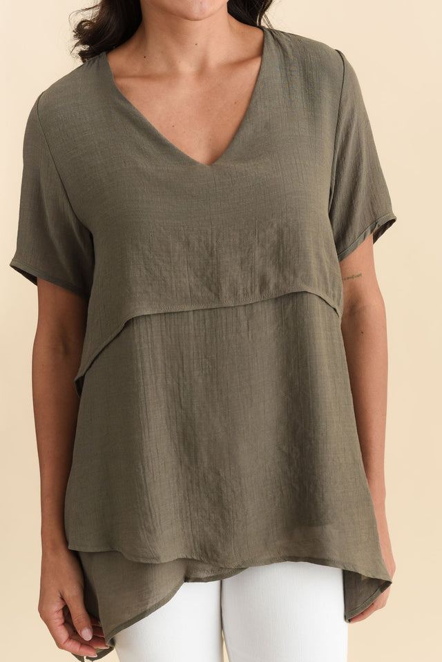 Alvina Khaki Layered Tunic Top,Brunette model,alt text|model:Brontie image 6
