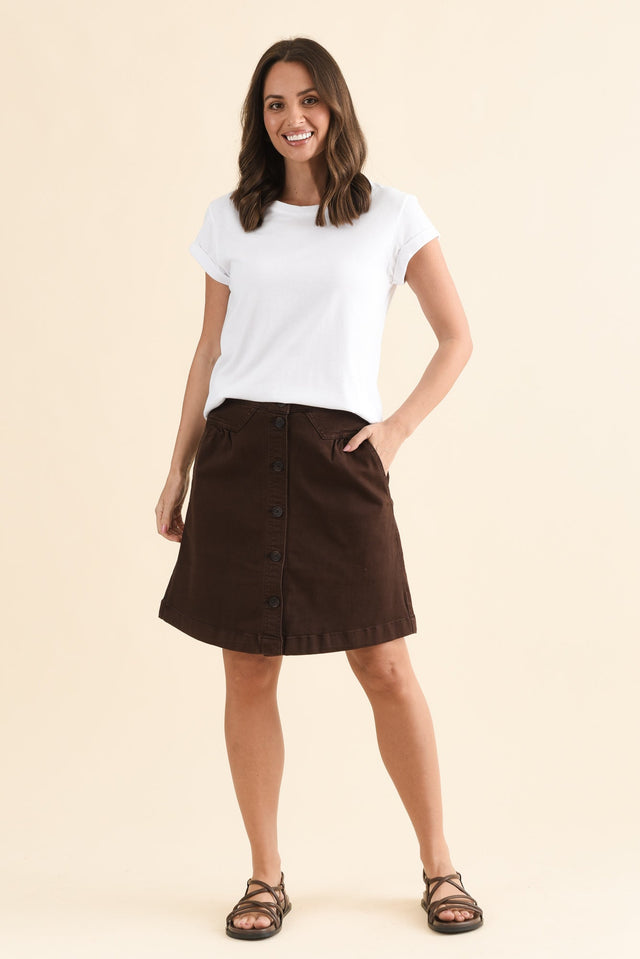Amanda Chocolate Stretch Denim Skirt,Full Body,Brunette model,alt text|model:MJ image 6