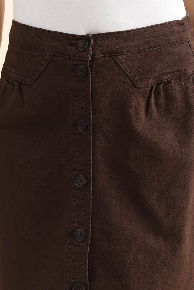 Amanda Chocolate Stretch Denim Skirt,Detail,Brunette model,alt text|model:MJ image 5