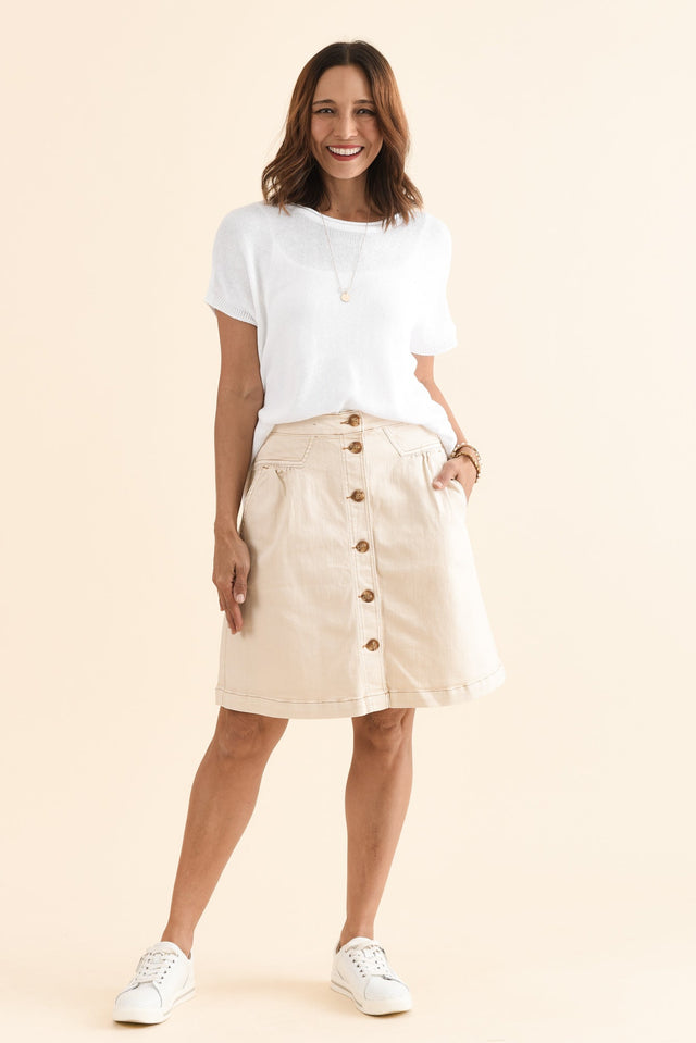 Amanda Ivory Stretch Denim Skirt,Full Body,Brunette model,alt text|model:Cara image 3