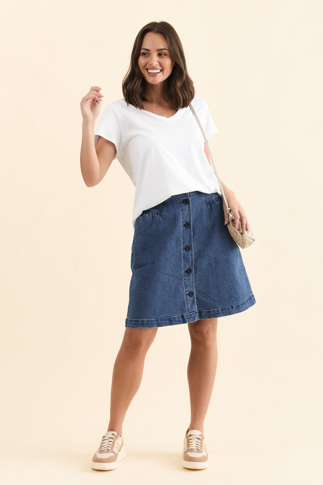 Amanda Light Blue Stretch Denim Skirt,Full Body,Brunette model,alt text|model:MJ image 2
