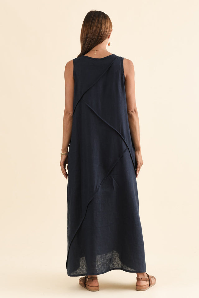 Amari Navy Linen Pocket Dress,Back,Brunette model,alt text|model:Cara image 4