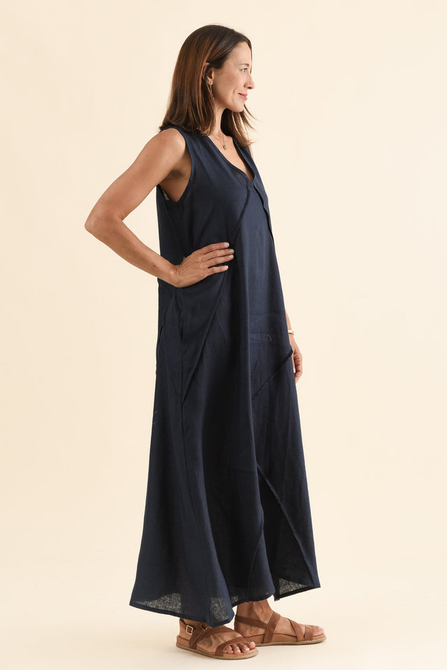 Amari Navy Linen Pocket Dress,Side,Brunette model,alt text|model:Cara image 3