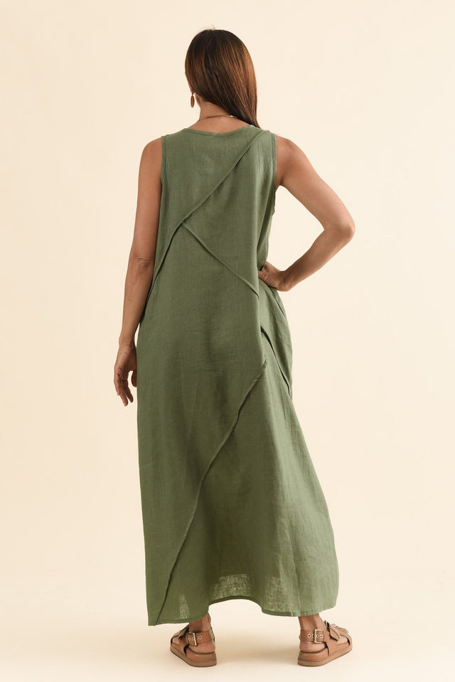 Amari Olive Linen Pocket Dress,Back,Brunette model,alt text|model:Cara image 4