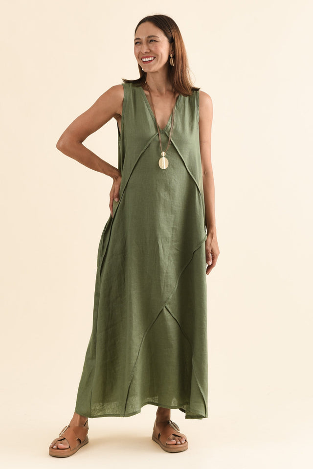 Amari Olive Linen Pocket Dress,Full Body,Brunette model,alt text|model:Cara