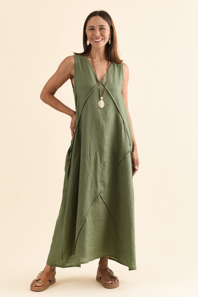 Amari Olive Linen Pocket Dress,Front,Brunette model,alt text|model:Cara