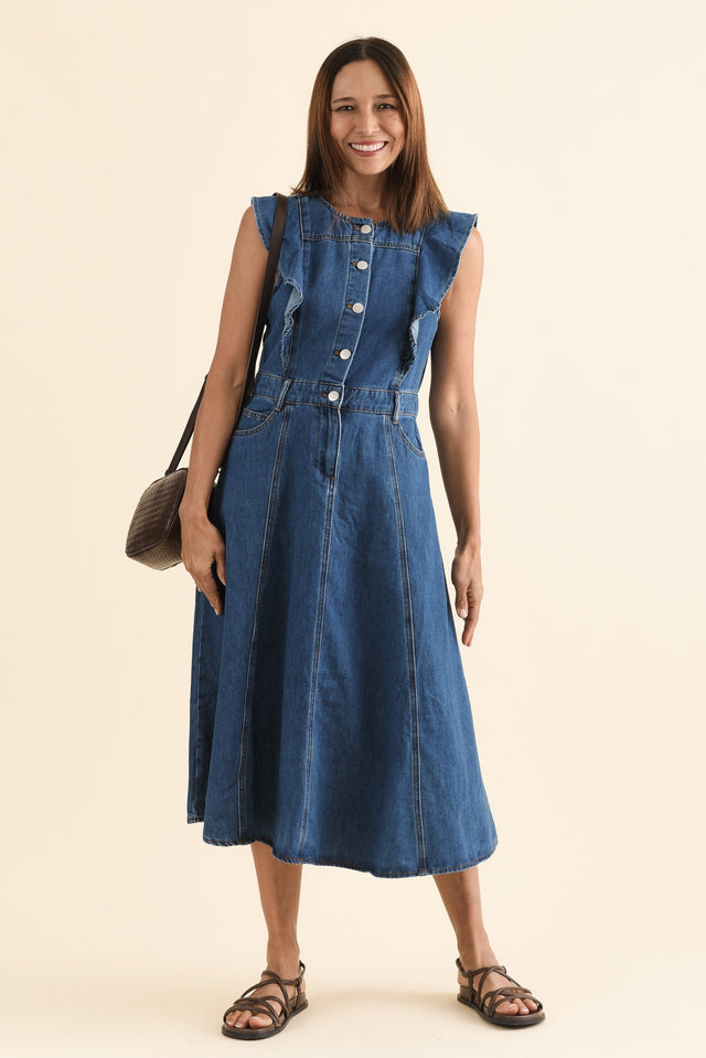 Amity Blue Denim Frill Sleeve Dress,Front,Brunette model,alt text|model:Cara image 1