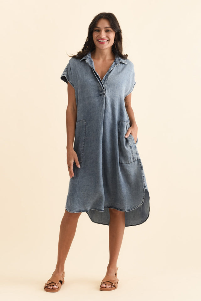 Amity Blue Denim Pocket Dress,Front, Brunette model,alt text|model:Brontie