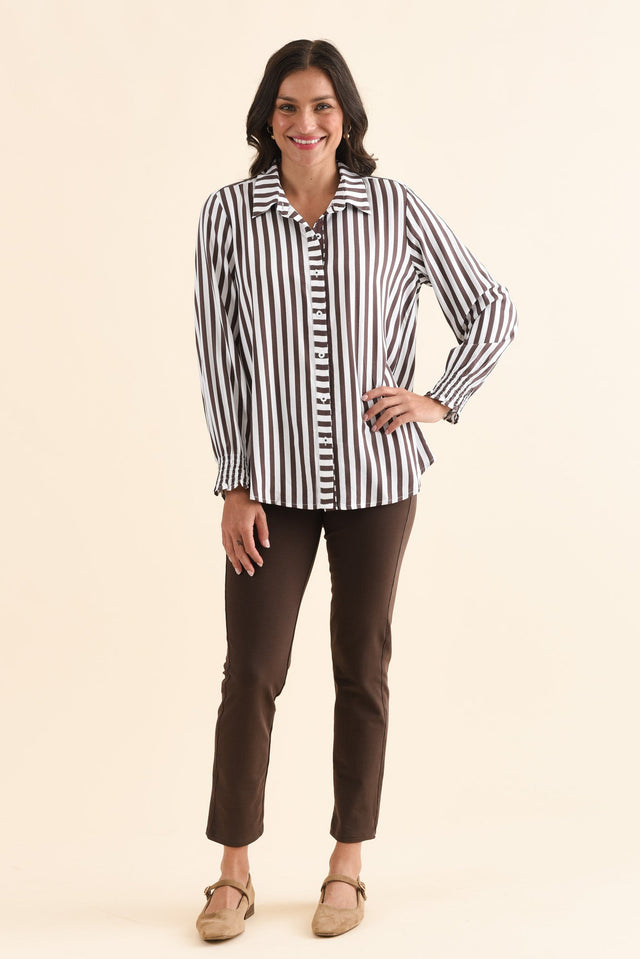 Amour Chocolate Stripe Puff Sleeve Shirt,Full Body,Brunette model,alt text|model:Brontie image 6