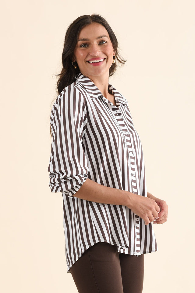 Amour Chocolate Stripe Puff Sleeve Shirt,Side,Brunette model,alt text|model:Brontie image 3